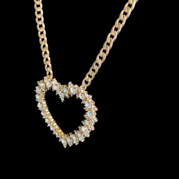 Gold Tone Heart Necklace Crystal Statement Chain Bling Iced Out Y2K Jewelry - Picture 7 of 8